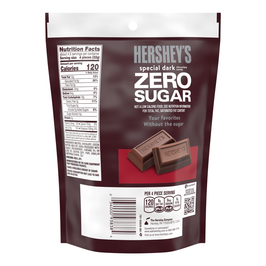 HERSHEY'S SPECIAL DARK Zero Sugar Chocolate Candy Bars, 5.1 oz bag - Back of Package