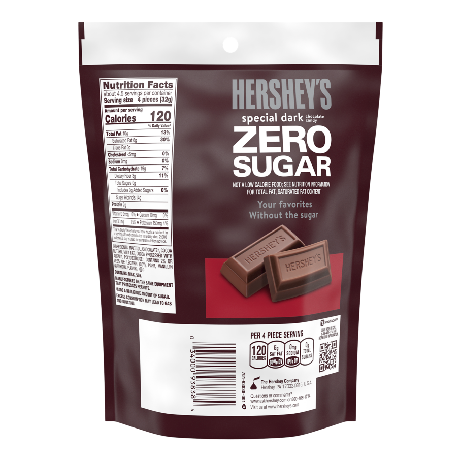HERSHEY'S SPECIAL DARK Zero Sugar Chocolate Candy Bars, 5.1 oz bag