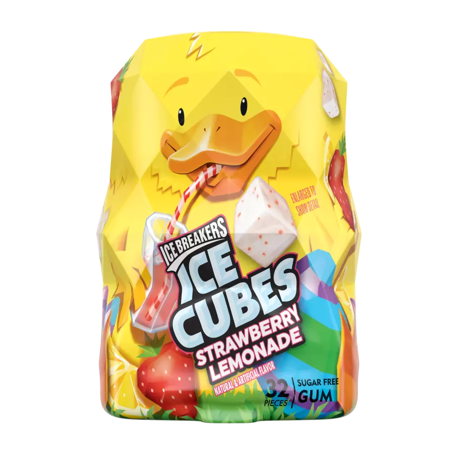 ICE BREAKERS ICE CUBES Strawberry Lemonade Sugar Free Gum, 2.6 oz bottle, 32 pieces - Front of Package