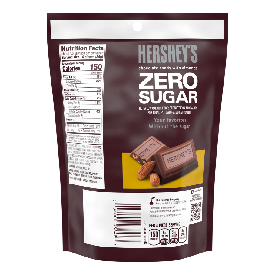 HERSHEY'S Zero Sugar Chocolate with Almonds Candy Bars, 5.1 oz bag - Back of Package