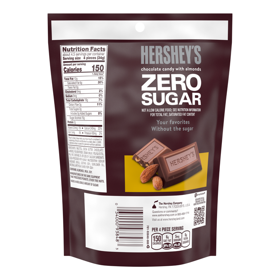 HERSHEY'S Zero Sugar Chocolate with Almonds Candy, 5.1 oz bag - Back of Package