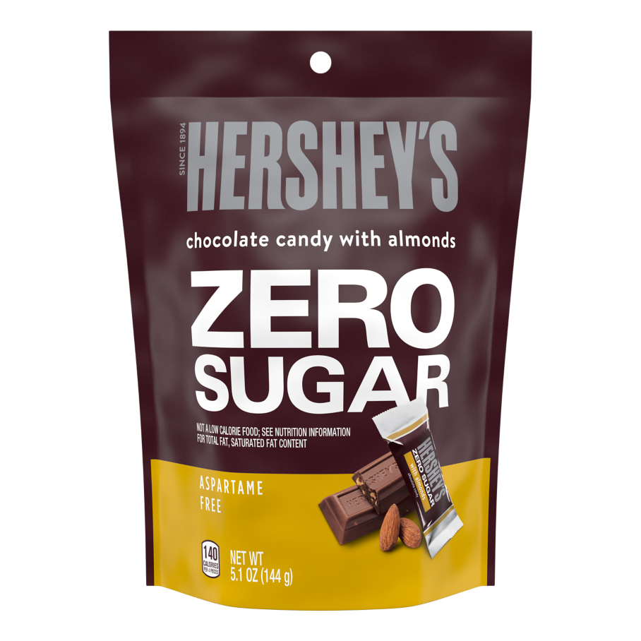 HERSHEY'S Zero Sugar Chocolate with Almonds Candy Bars, 5.1 oz bag - Front of Package
