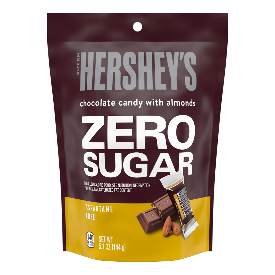 HERSHEY'S Zero Sugar Chocolate with Almonds Candy, 5.1 oz bag - Front of Package