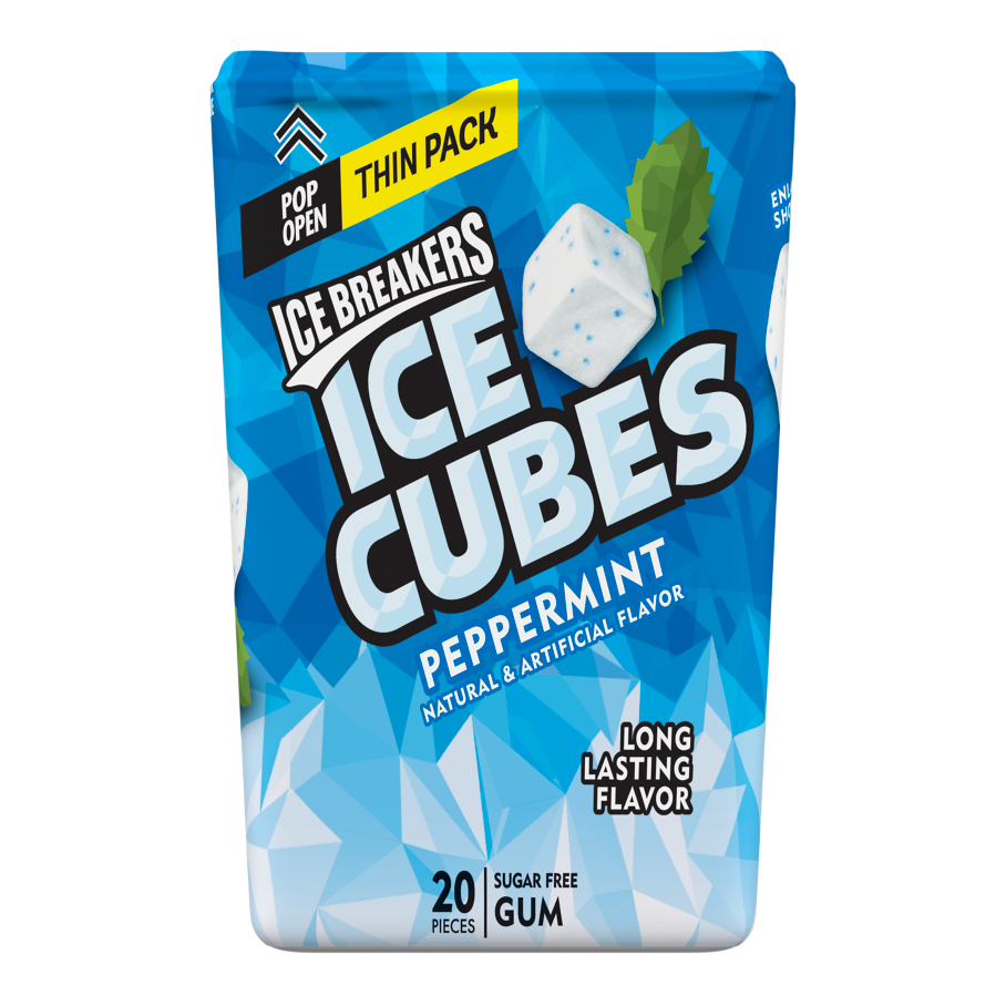 ICE BREAKERS ICE CUBES Peppermint Sugar Free Gum, 1.62 oz thin pack, 20 pieces - Front of Package