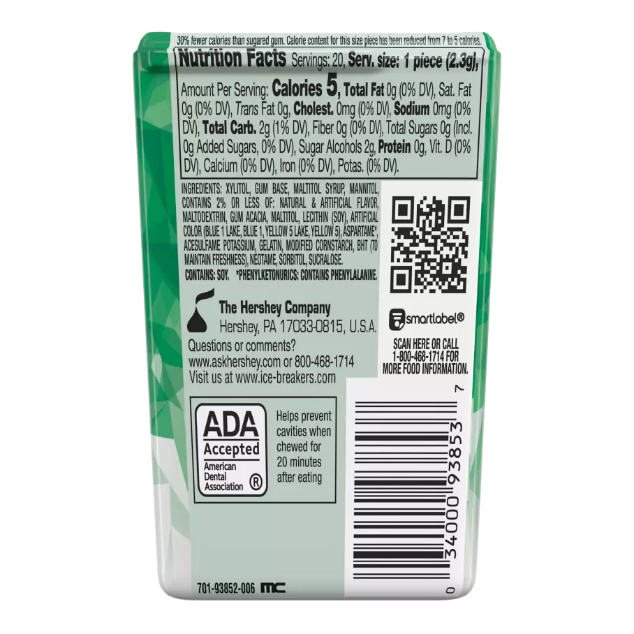 ICE BREAKERS ICE CUBES Spearmint Sugar Free Gum, 1.62 oz thin pack, 20 pieces - Back of Package