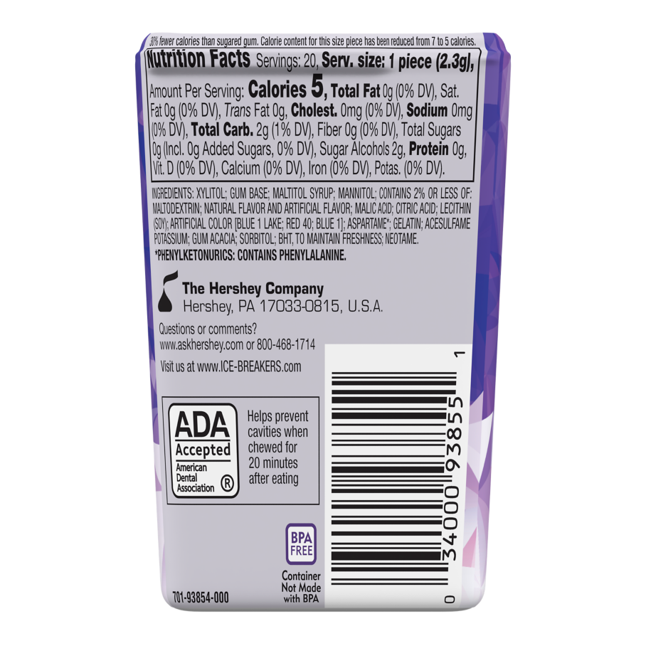 ICE BREAKERS ICE CUBES ARCTIC GRAPE Sugar Free Gum, 1.62 oz thin pack, 20 pieces - Back of Package