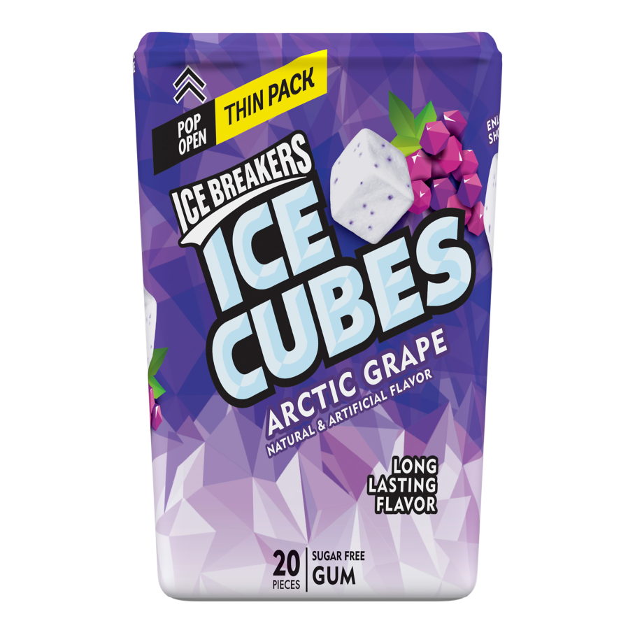 ICE BREAKERS ICE CUBES ARCTIC GRAPE Sugar Free Gum, 1.62 oz thin pack, 20 pieces - Front of Package