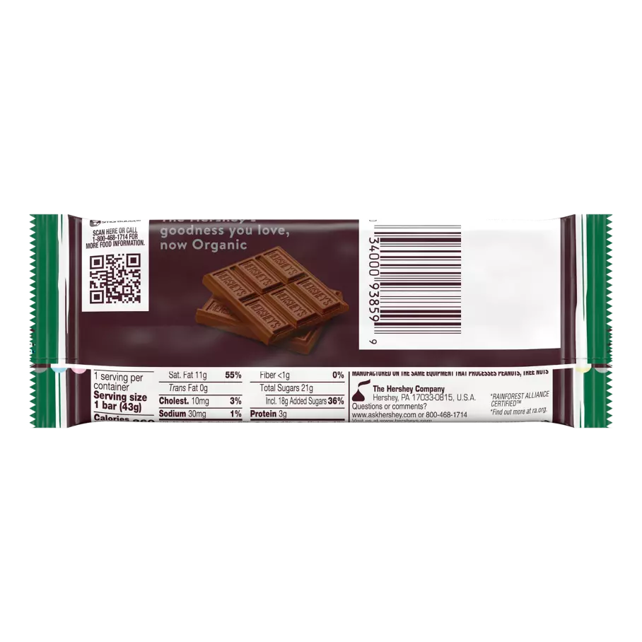 HERSHEY'S Organic Milk Chocolate Candy Bar, 1.55 oz - Back of Package