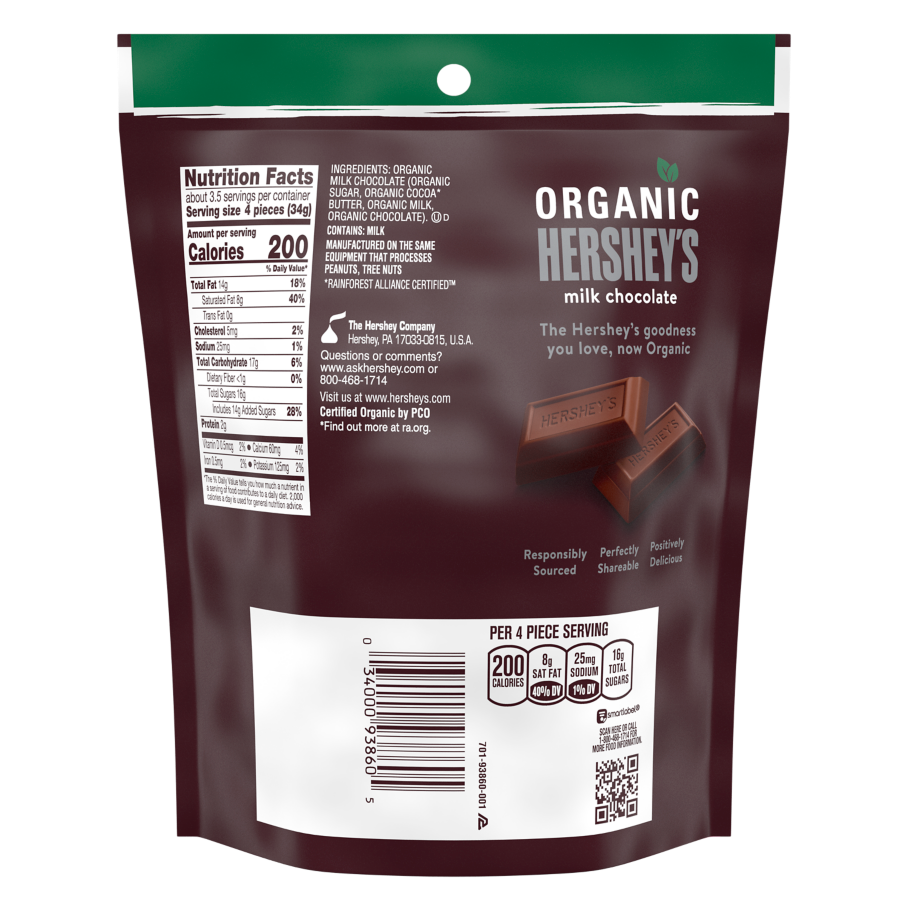 HERSHEY'S Organic Miniatures Milk Chocolate Candy Bars, 4.2 oz bag - Back of Package