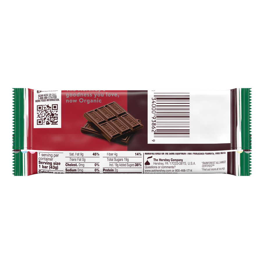 HERSHEY'S SPECIAL DARK Organic Chocolate Candy Bar, 1.55 oz - Back of Package