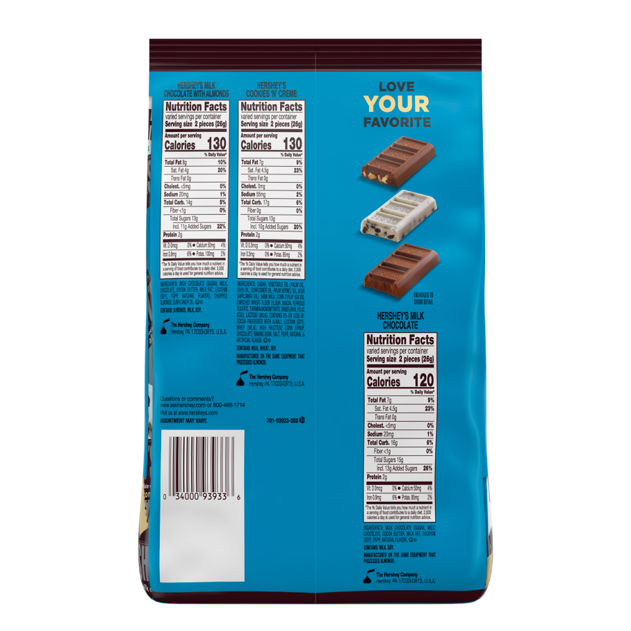 HERSHEY’S Snack Size Assortment, 31.5 oz bag - Back of Package