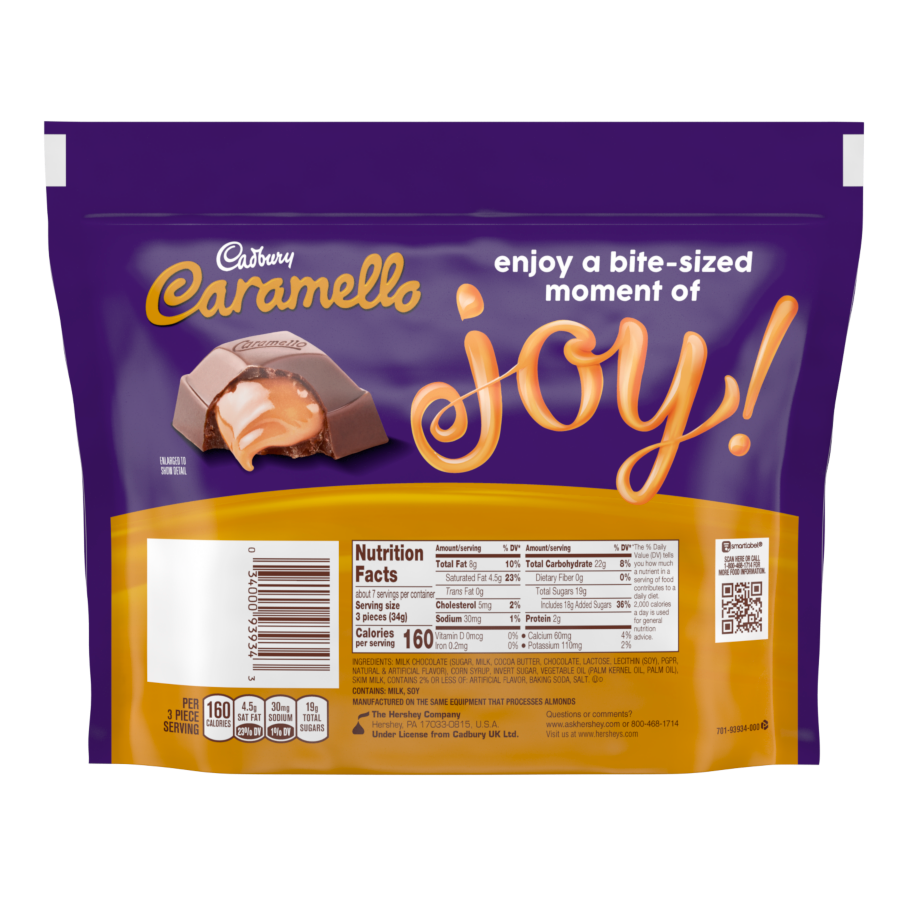 CADBURY CARAMELLO Miniatures Milk Chocolate & Creamy Caramel Candy, 8 oz bag - Back of Package