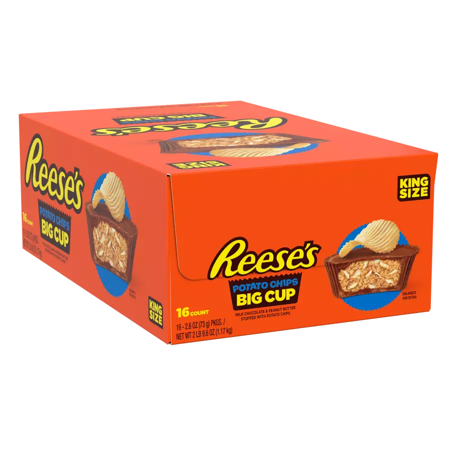 REESE'S Big Cup with Potato Chips King Size Peanut Butter Cups, 2.6 oz, 16 count box - Front of Package