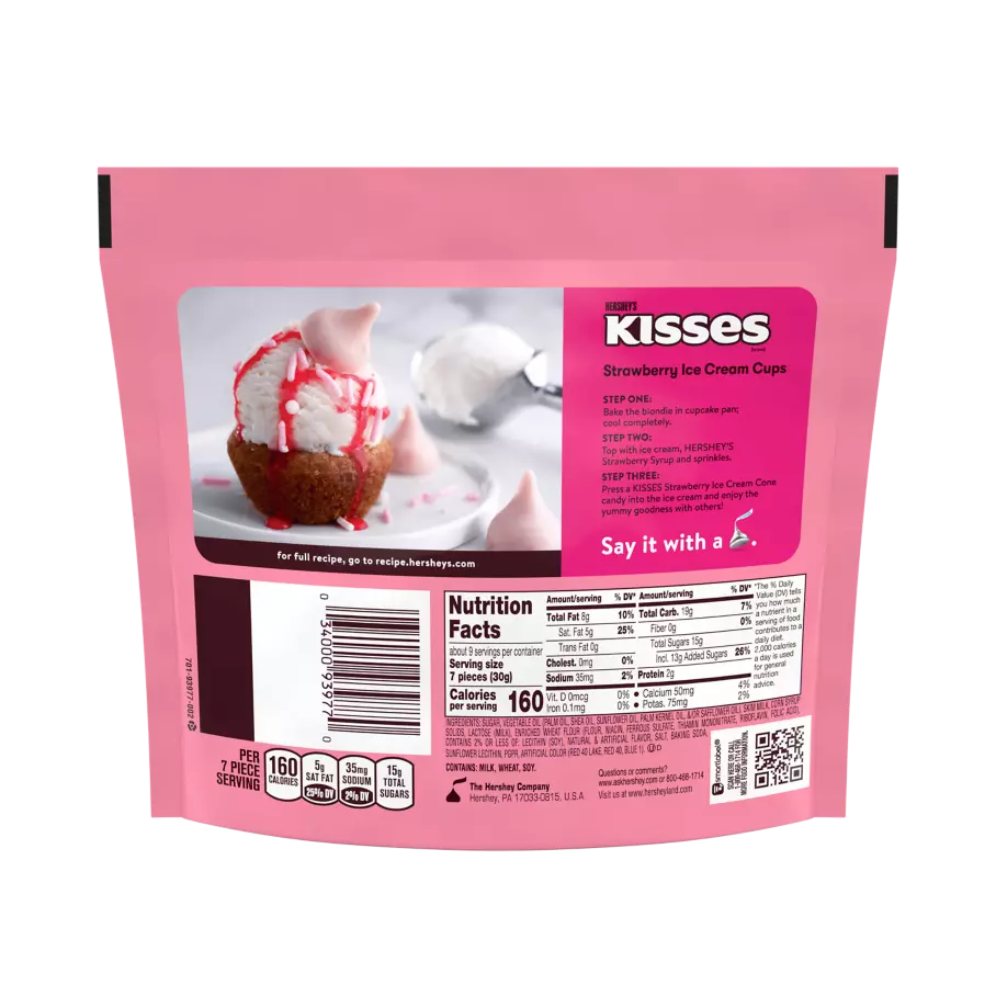 HERSHEY’S KISSES Strawberry Ice Cream Cone Candy, 9 oz bag - Back of Package