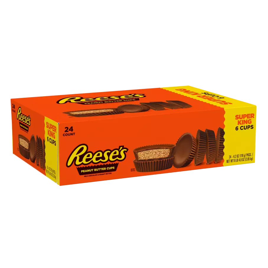 REESE'S Milk Chocolate Super King Peanut Butter Cups, 4.2 oz, 24 count box - Front of Package