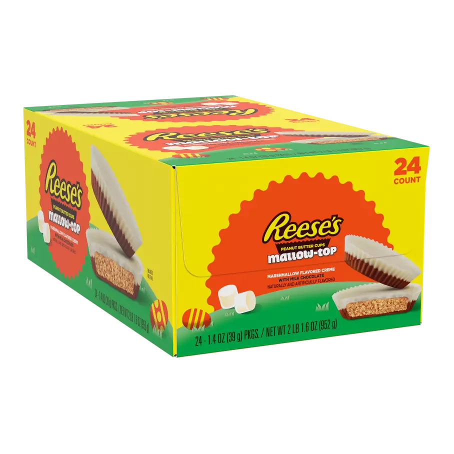REESE'S Mallow-Top Marshmallow Creme with Milk Chocolate Peanut Butter Cups, 1.4 oz, 24 count box - Front of Package