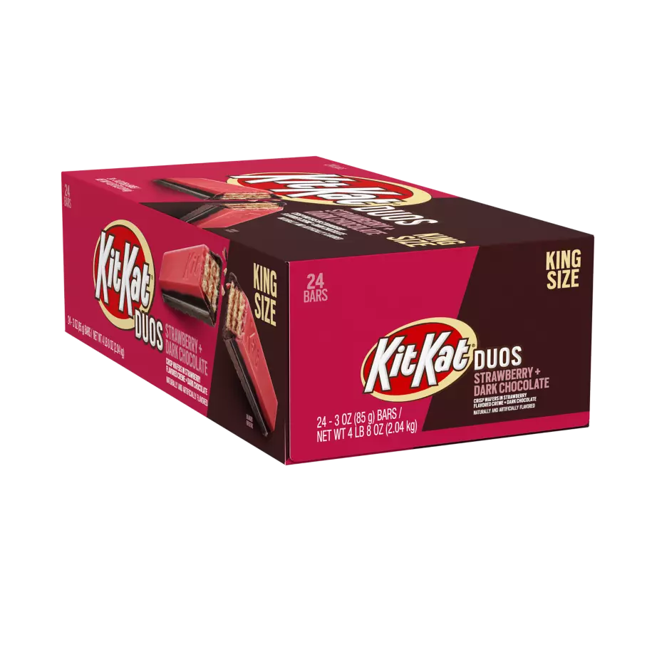 KIT KAT® DUOS Strawberry and Dark Chocolate King Size Candy Bars, 3 oz, 24 count box - Front of Package