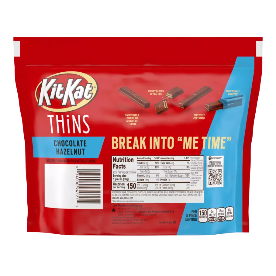 KIT KAT® THiNS Chocolate Hazelnut Candy, 7.2 oz bag - Back of Package