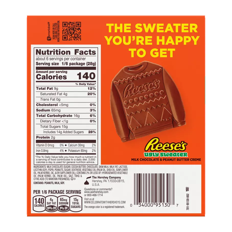 REESE'S Milk Chocolate Peanut Butter Creme Ugly Sweater, 6 oz box - Back of Package