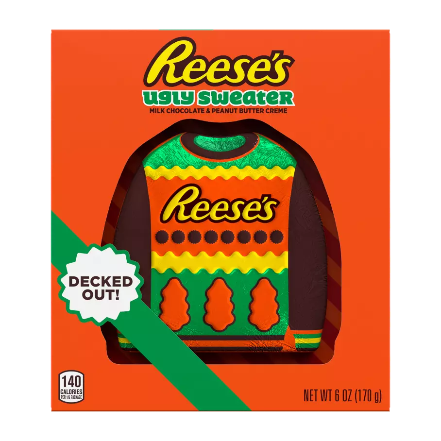 REESE'S Milk Chocolate Peanut Butter Creme Ugly Sweater, 6 oz box - Front of Package