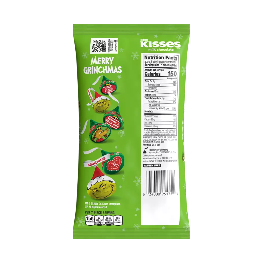 HERSHEY'S KISSES Milk Chocolates with Grinch® Foils, 9.5 oz bag - Back of Package