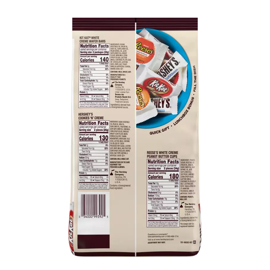 Hershey White Creme Lovers Snack Size Assortment, 32.6 oz pack - Back of Package