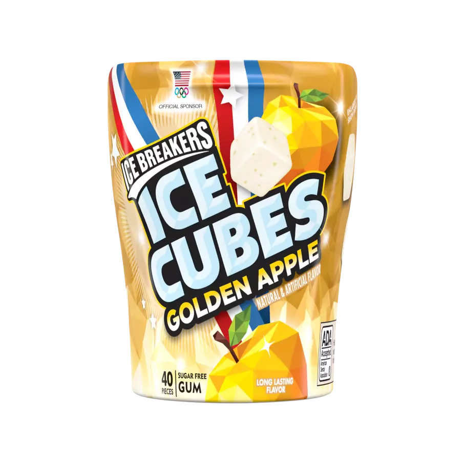 ICE BREAKERS ICE CUBES Golden Apple Sugar Free Gum, 3.24 oz bottle, 40 pieces - Front of Package