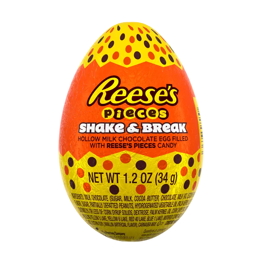 REESE'S PIECES SHAKE & BREAK Milk Chocolate Egg, 1.2 oz - Front of Package