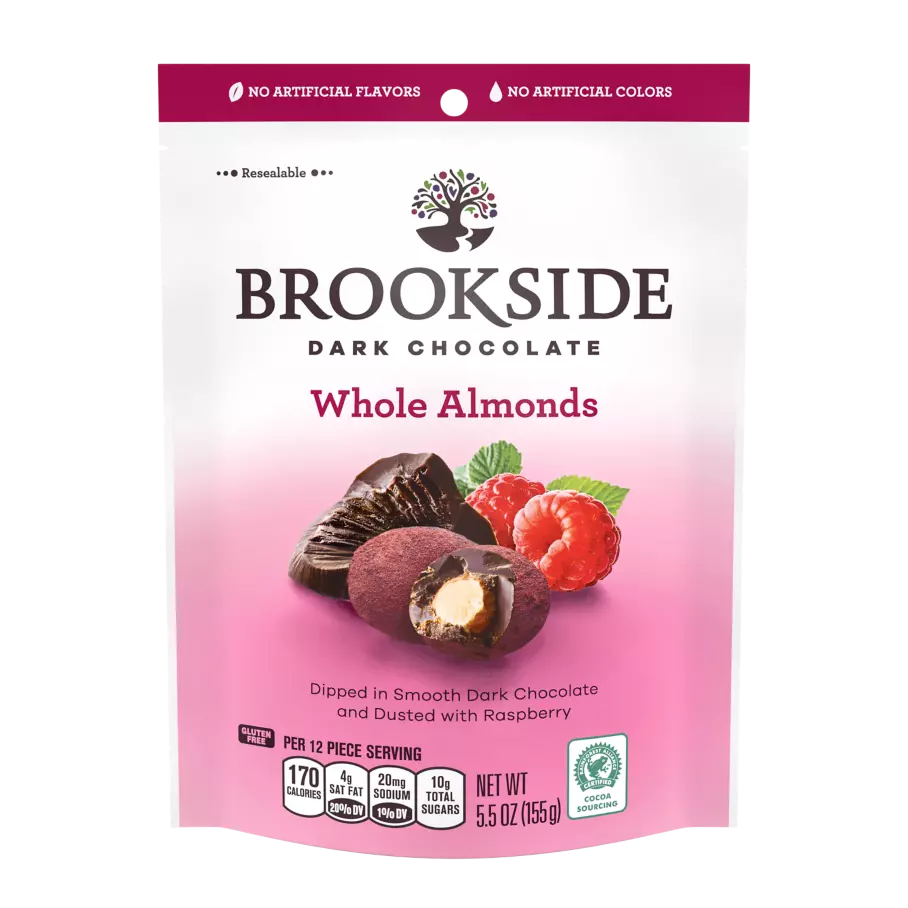 BROOKSIDE Dark Chocolate Whole Almonds Dusted with Raspberry Candy, 5.5 oz bag - Front of Package