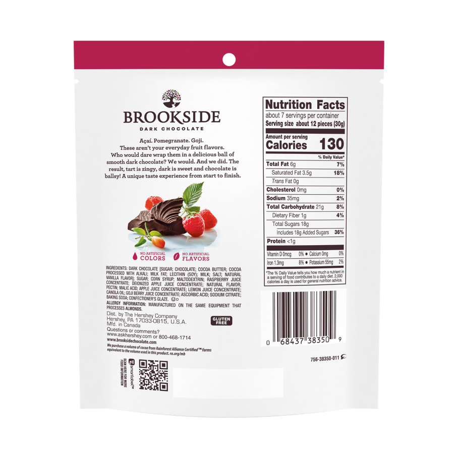 BROOKSIDE Dark Chocolate Goji and Raspberry Flavors Candy, 7 oz bag - Back of Package