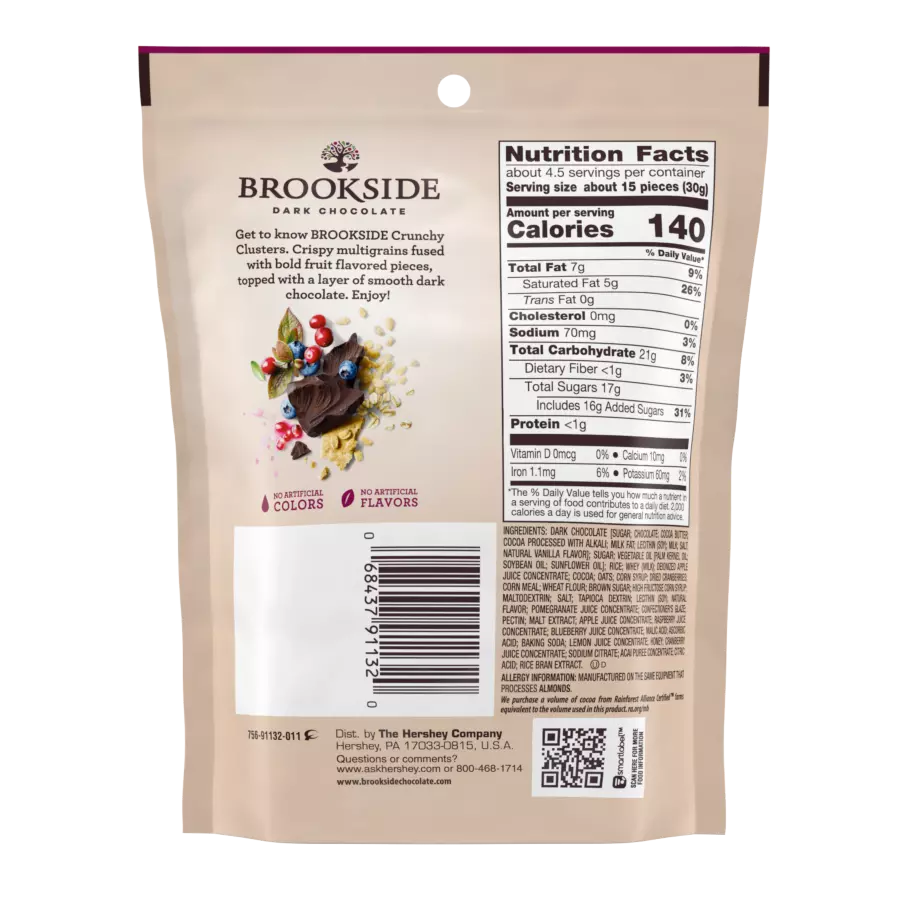 BROOKSIDE Crunchy Clusters Dark Chocolate Candy, 5 oz bag - Back of Package