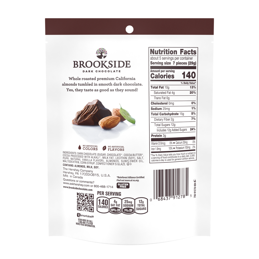 BROOKSIDE Whole Almonds in Dark Chocolate Candy, 5.5 oz bag - Back of Package