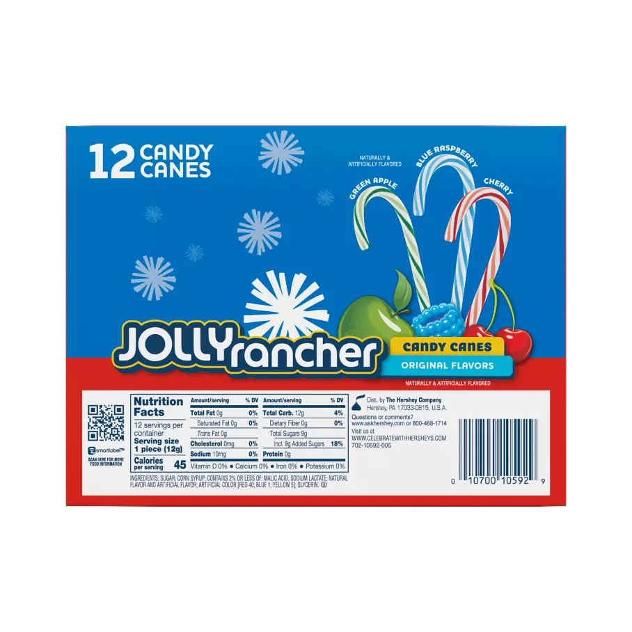 JOLLY RANCHER Holiday Original Flavors Candy Canes, 0.44 oz, 12 count box - Back of Package