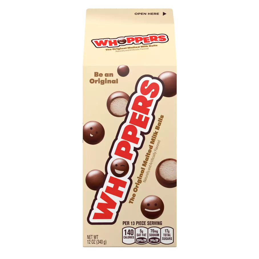 WHOPPERS  Malted Milk Balls, 12 oz carton - Front of Package