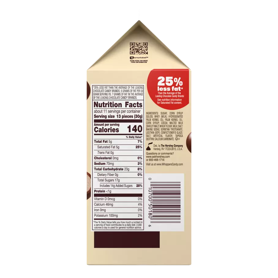 WHOPPERS Malted Milk Balls, 12 oz carton - Back of Package