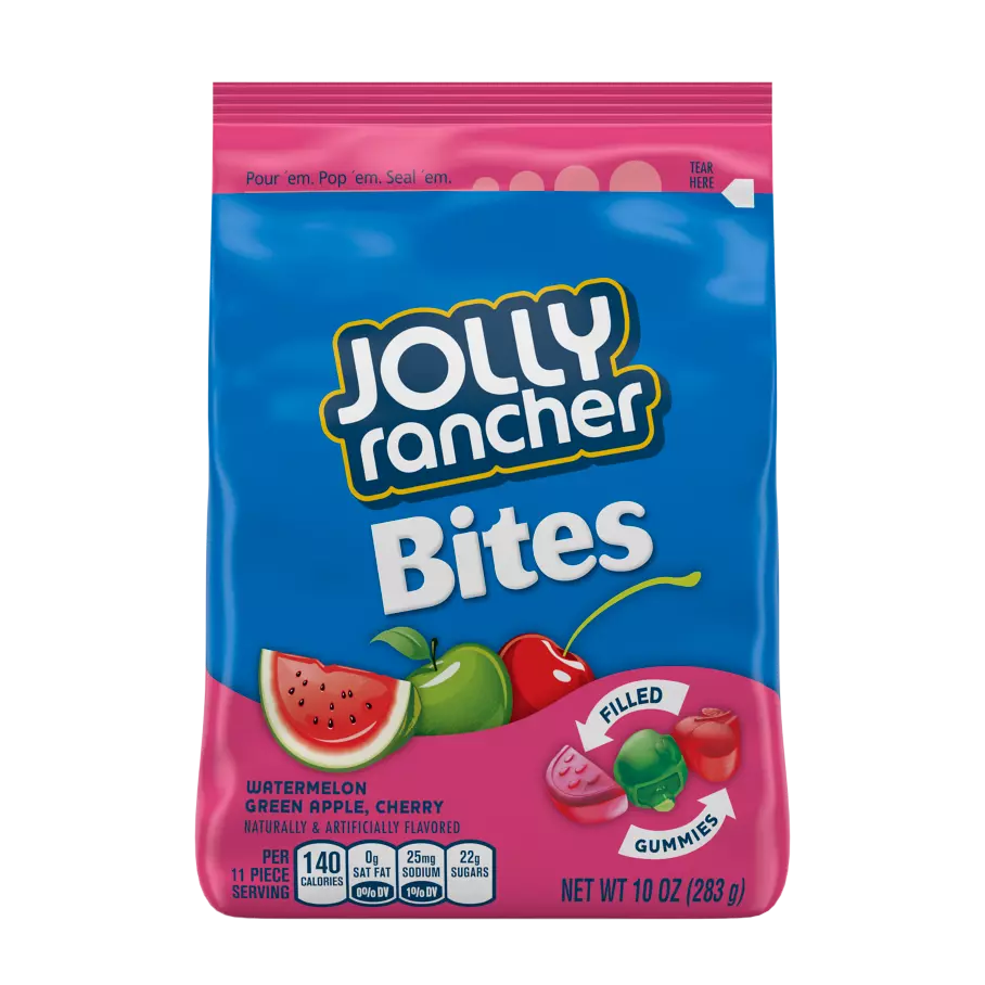 JOLLY RANCHER Bites Watermelon, Green Apple and Cherry Filled Gummies, 10 oz bag - Front of Package