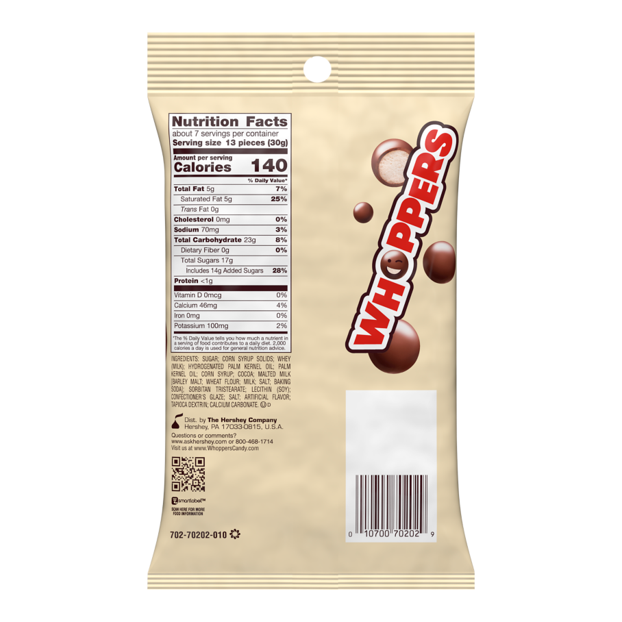 WHOPPERS Malted Milk Balls, 7 oz bag - Back of Package