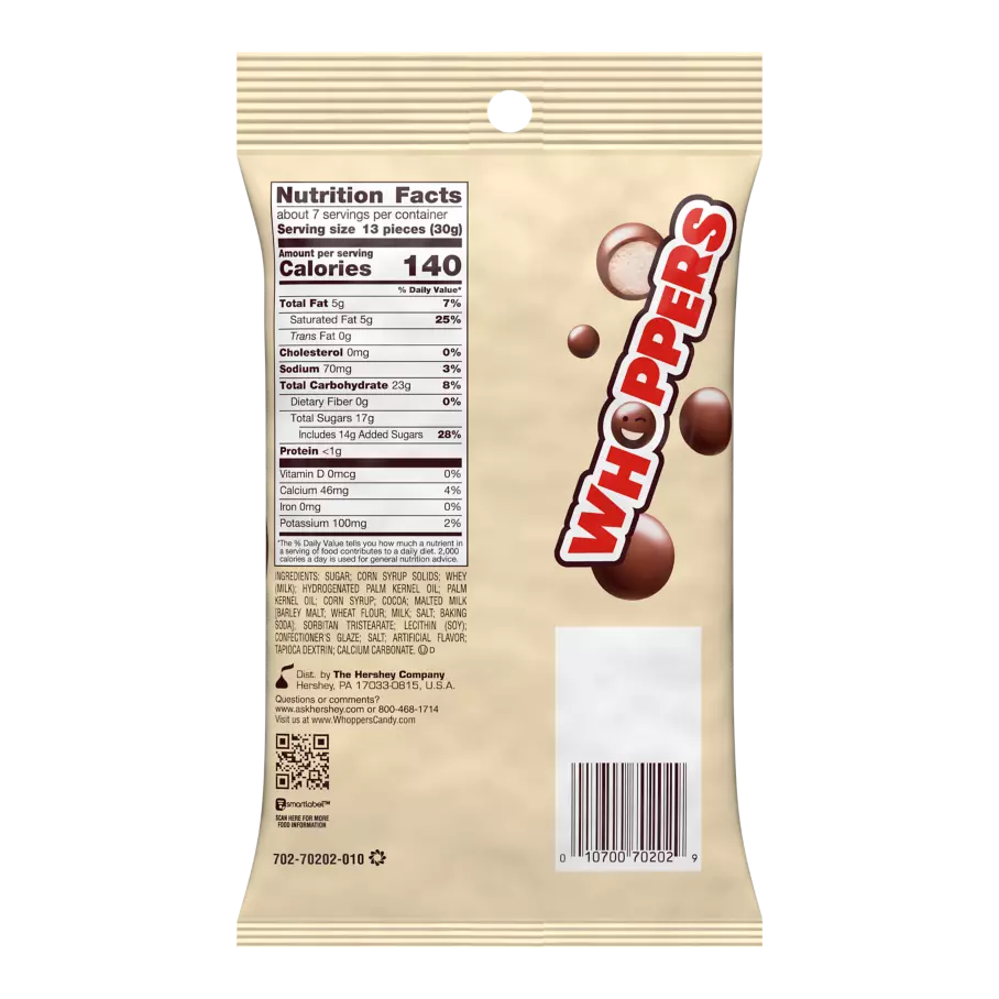 WHOPPERS Malted Milk Balls, 7 oz bag - Back of Package