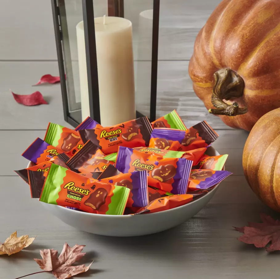 REESE'S Halloween Assorted Shapes inside bowl on porch