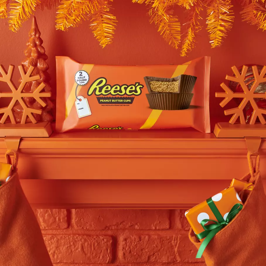 REESE'S Peanut Butter Cups on fireplace mantle