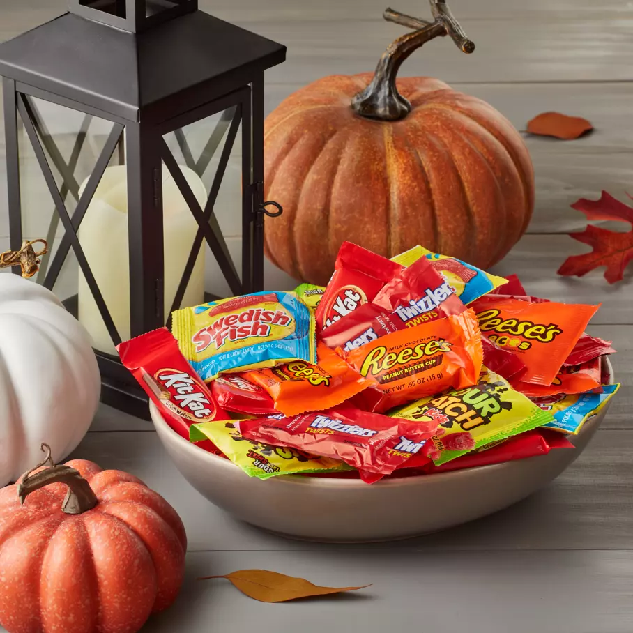 Assorted Hershey Halloween Candies inside bowl on porch