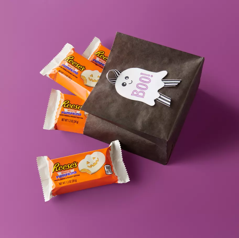 REESE'S White Creme Peanut Butter Pumpkins inside ghost bag
