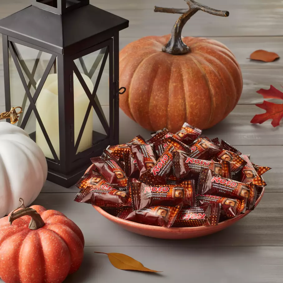 ROLO® Halloween Candy inside bowl on porch