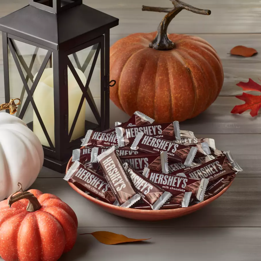 HERSHEY'S Milk Chocolate Candy Bars inside bowl on porch