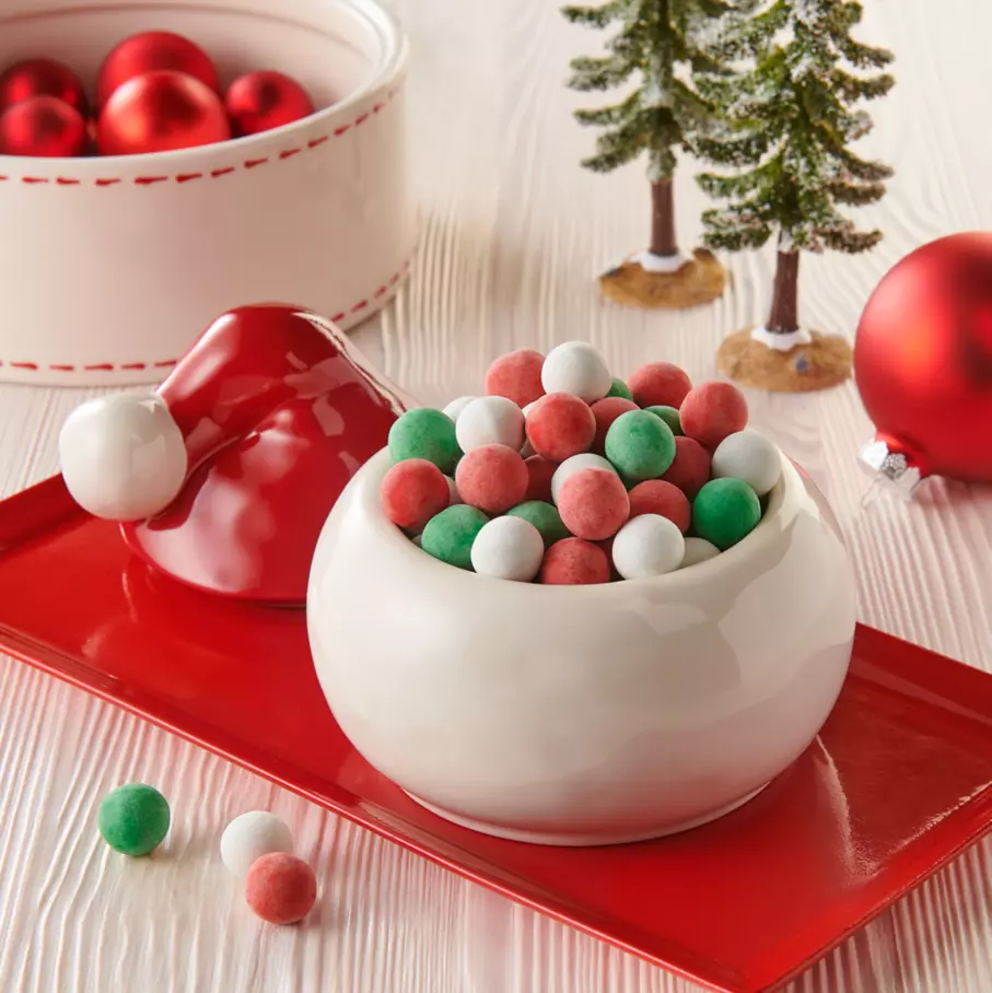 CADBURY Mini Snow Balls inside santa hat bowl