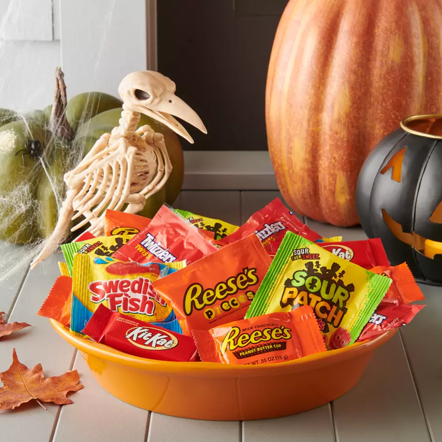 Assorted Hershey Candies inside decorative bowl on porch