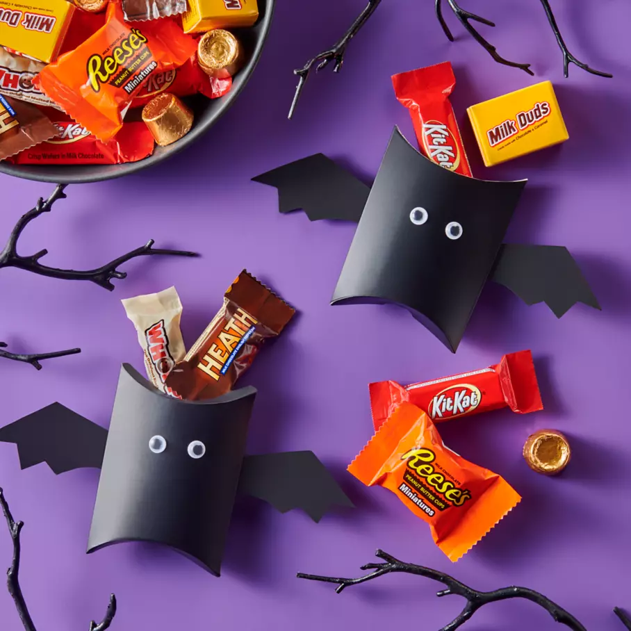 Assorted Hershey Candies surrounded by bats