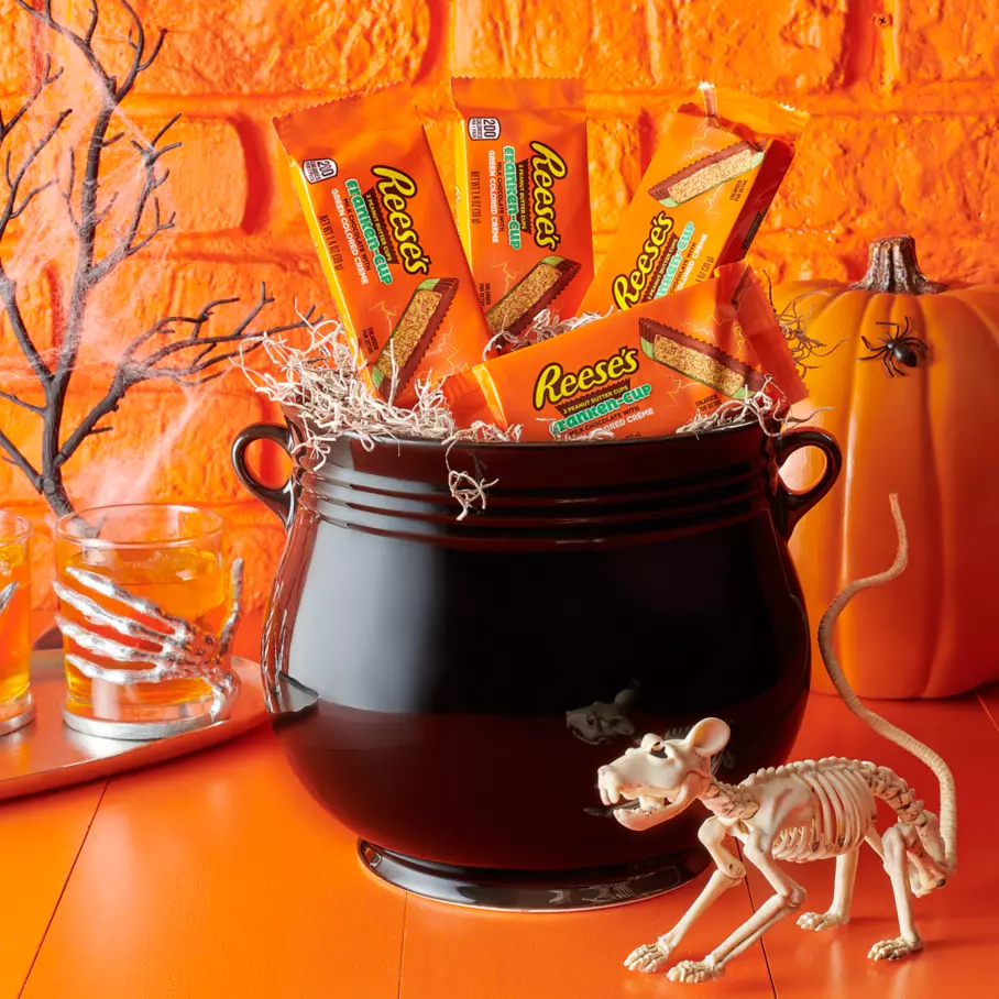REESE'S Franken-Cup Milk Chocolate Peanut Butter Cups inside cauldron