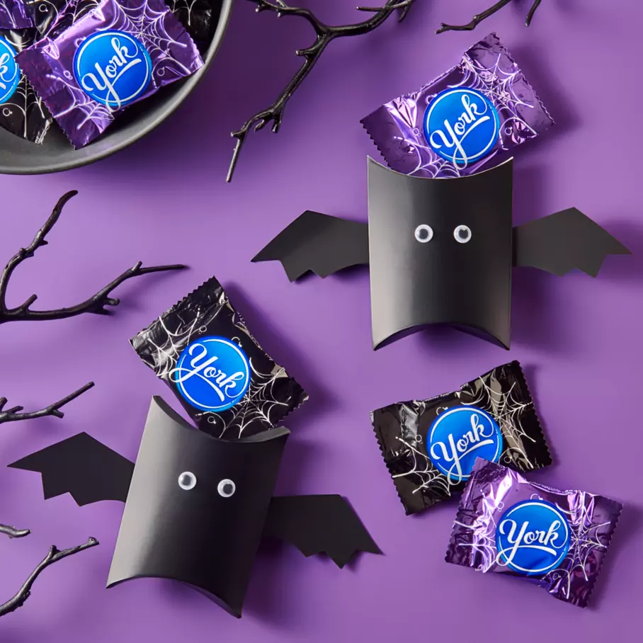 YORK Dark Chocolate Peppermint Pattie Pumpkins surrounded by bats