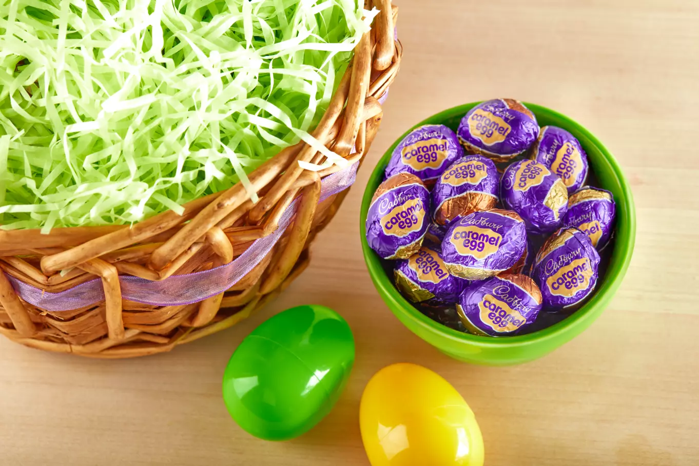 Cadbury Caramel Eggs beside Easter basket